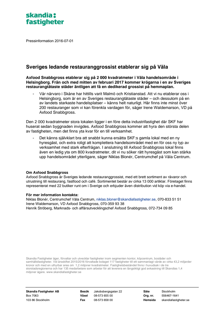 Sveriges ledande restauranggrossist etablerar sig på Väla