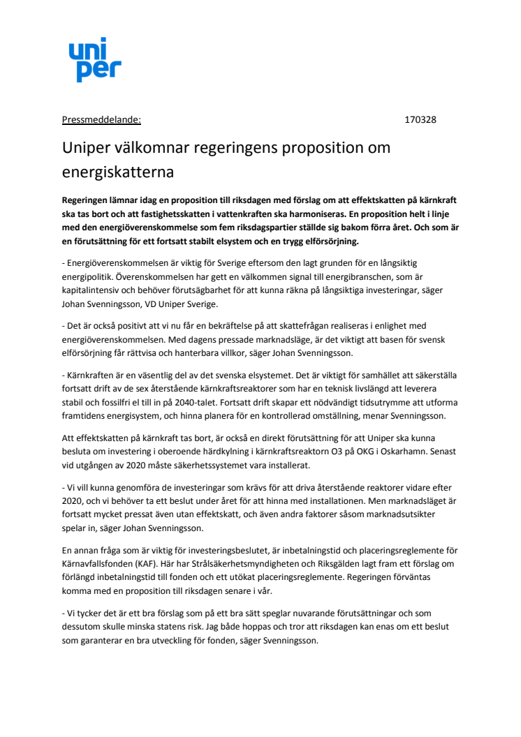 Uniper välkomnar regeringens proposition om energiskatterna