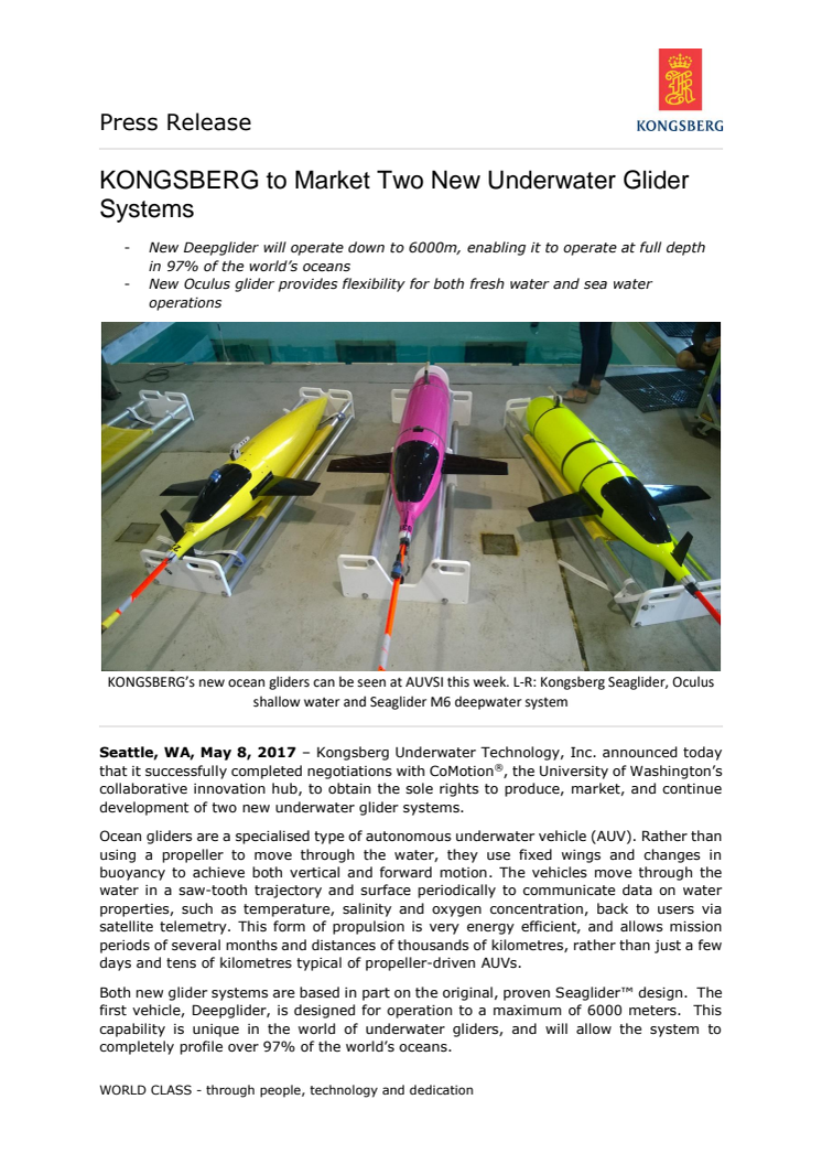 Kongsberg Maritime: KONGSBERG to Market Two New Underwater Glider Systems