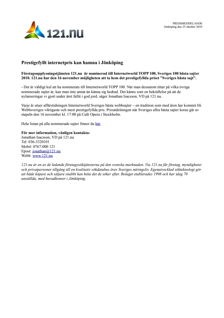 Prestigefyllt internetpris kan hamna i Jönköping