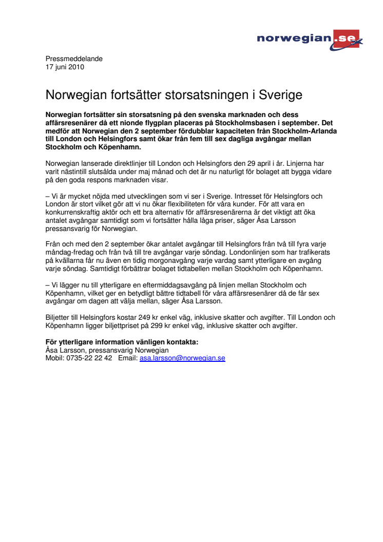 Norwegian fortsätter storsatsningen i Sverige