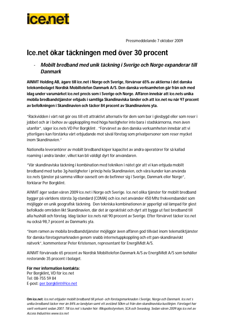 Ice.net ökar täckningen med över 30 procent - 	Mobilt bredband med unik täckning i Sverige och Norge expanderar till Danmark