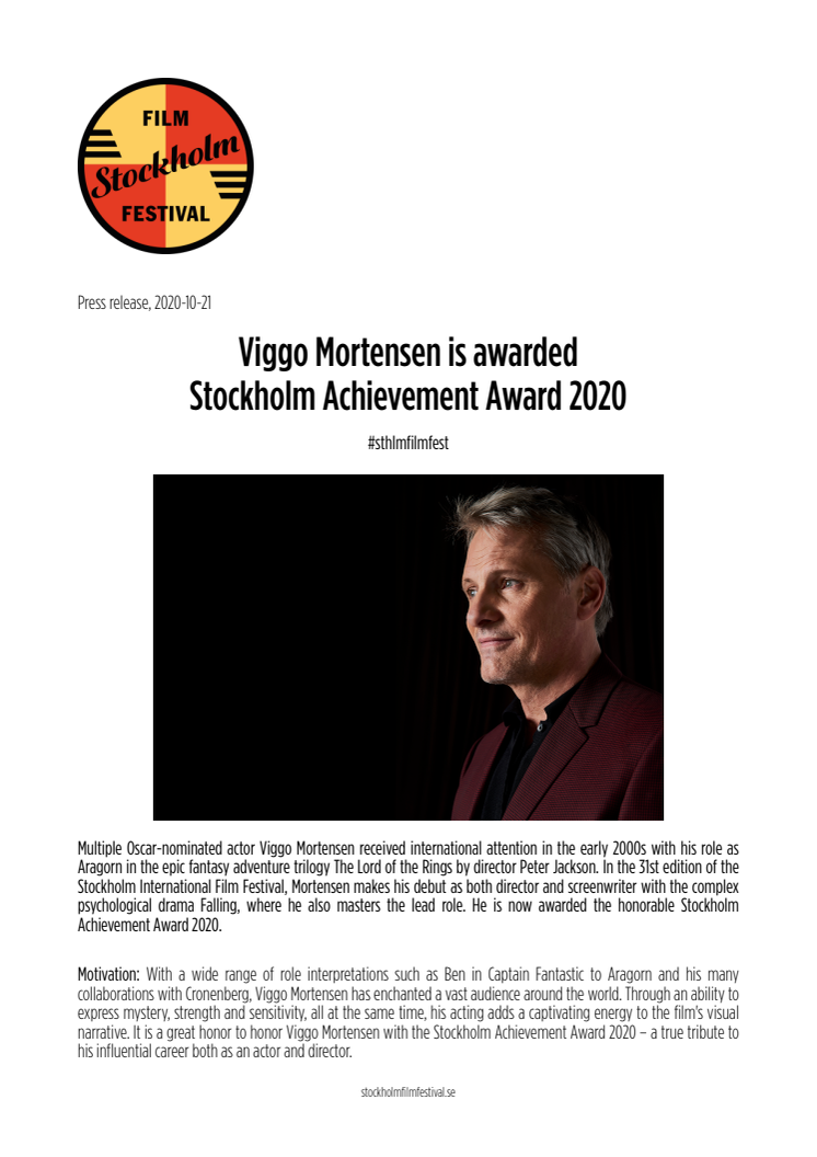 Viggo Mortensen is awarded  Stockholm Achievement Award 2020