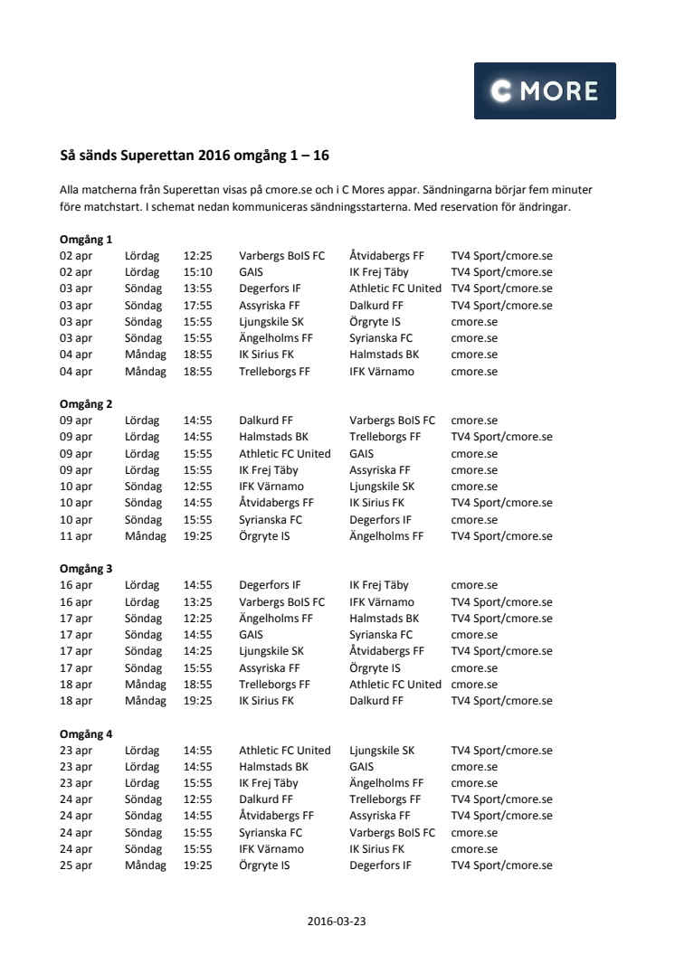 Superettan 2016 Spelschema omgång 1-16