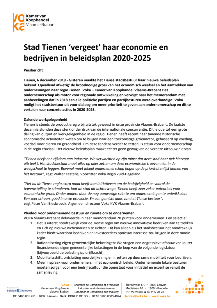 Tienen 'vergeet' haar economie en bedrijven in beleidsplan 2020-2025