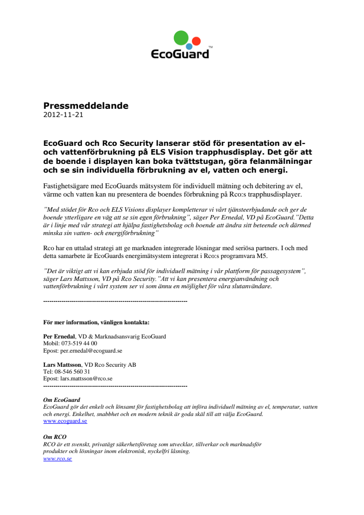 EcoGuard och Rco Security lanserar stöd för presentation av el- och vattenförbrukning på ELS Vision trapphusdisplay.
