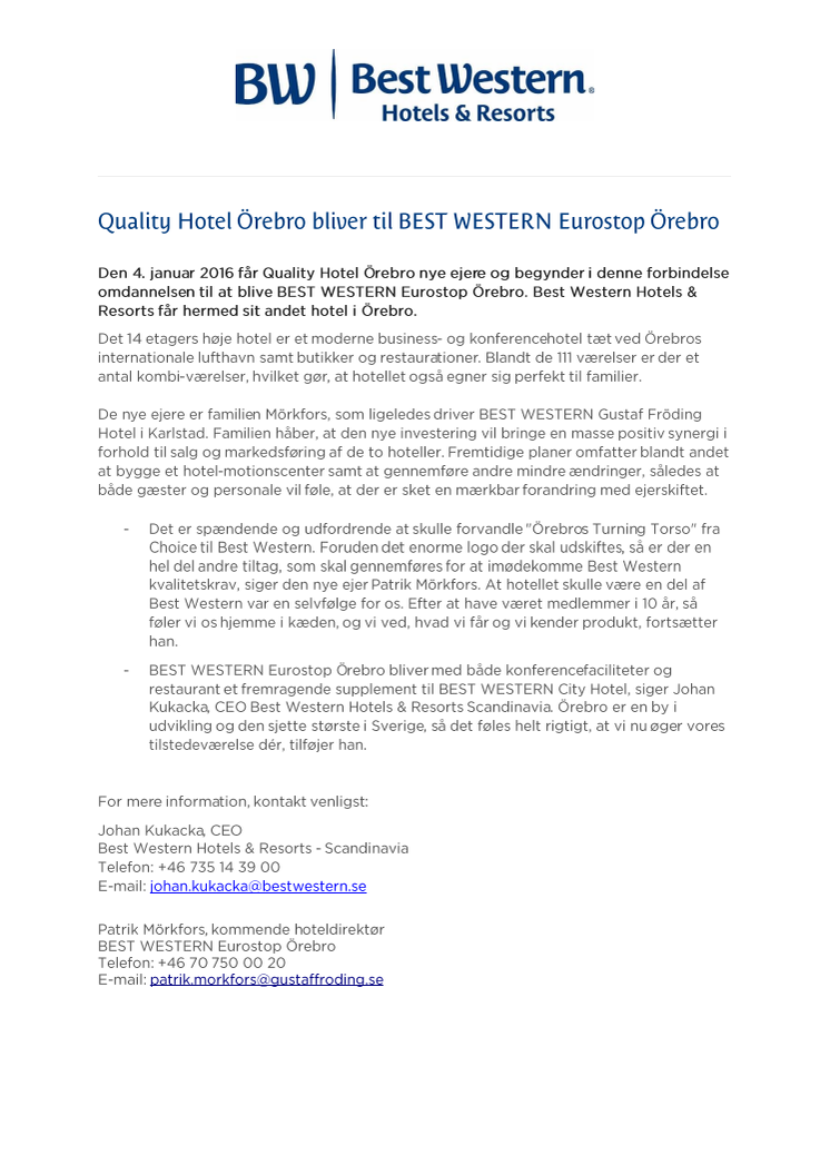 Quality Hotel Örebro bliver til BEST WESTERN Eurostop Örebro