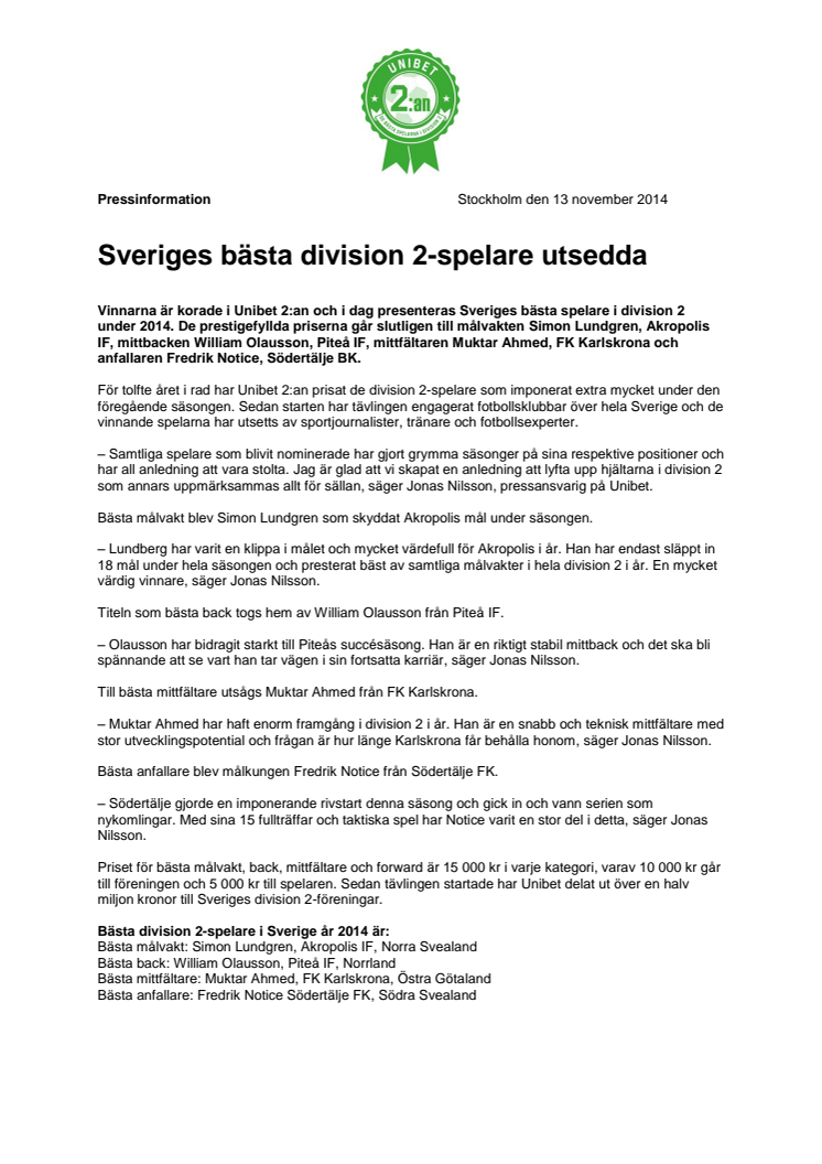 Sveriges bästa division 2-spelare utsedda