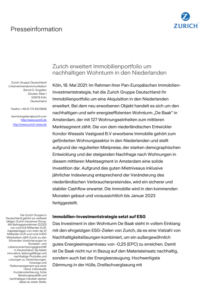   Zurich erweitert Immobilienportfolio um nachhaltigen Wohnturm in den Niederlanden