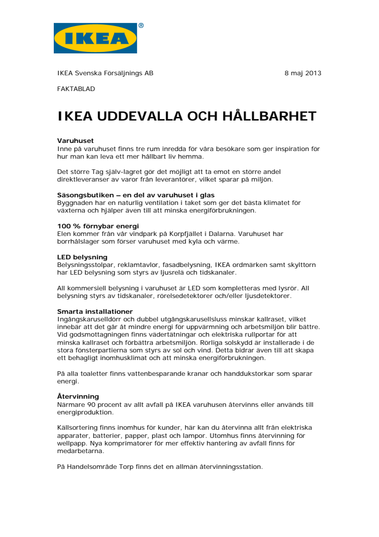 Fakta IKEA Uddevalla och hållbarhet