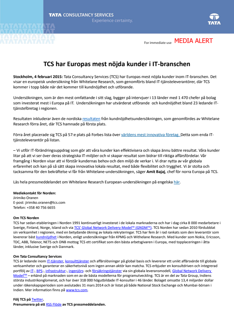TCS har Europas mest nöjda kunder i IT-branschen