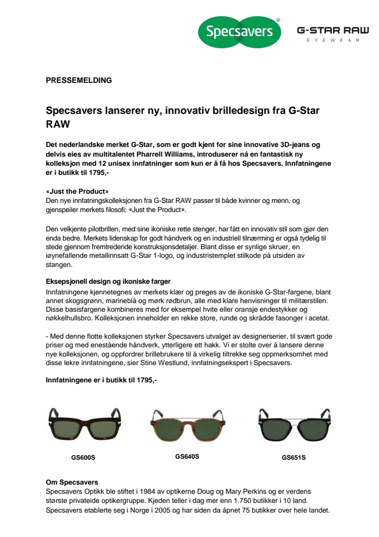 Specsavers lanserer ny, innovativ brilledesign fra G-Star RAW