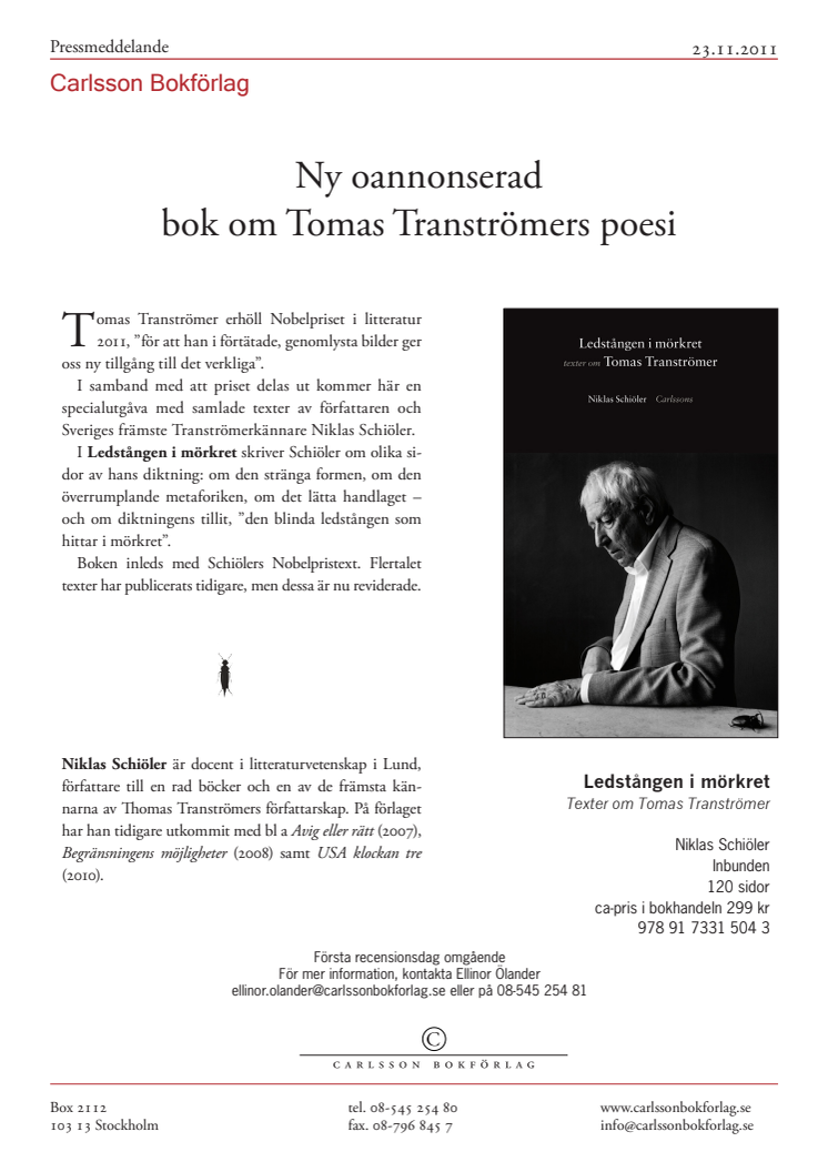 Ny bok: Ledstången i mörkret – Texter om Tomas Tranströmer