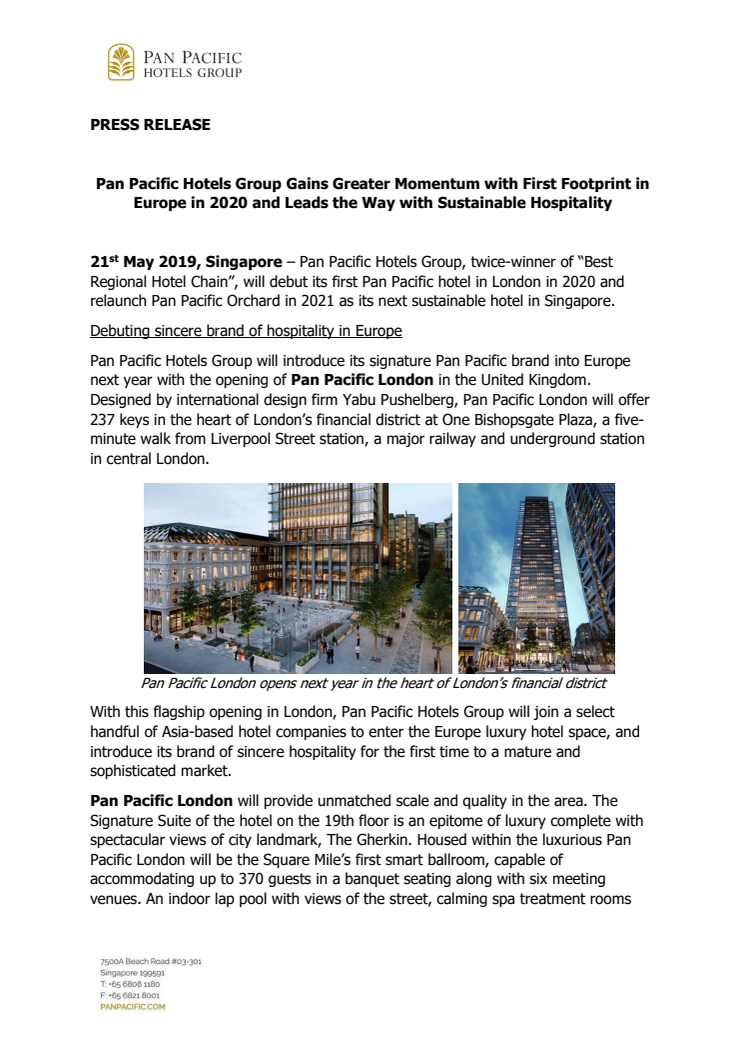 Pan Pacific Hotels Group Gains Greater Momentum with First Footprint in Europe in 2020 and Leads the Way with Sustainable Hospitality