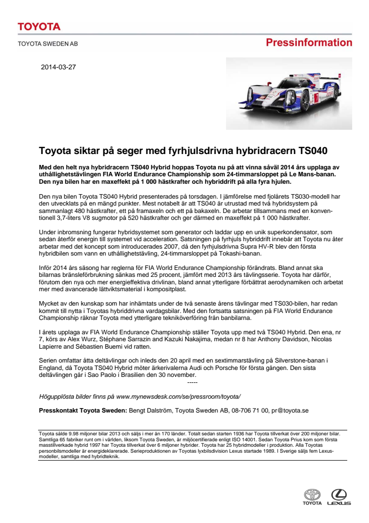 Toyota siktar på seger med fyrhjulsdrivna hybridracern TS040