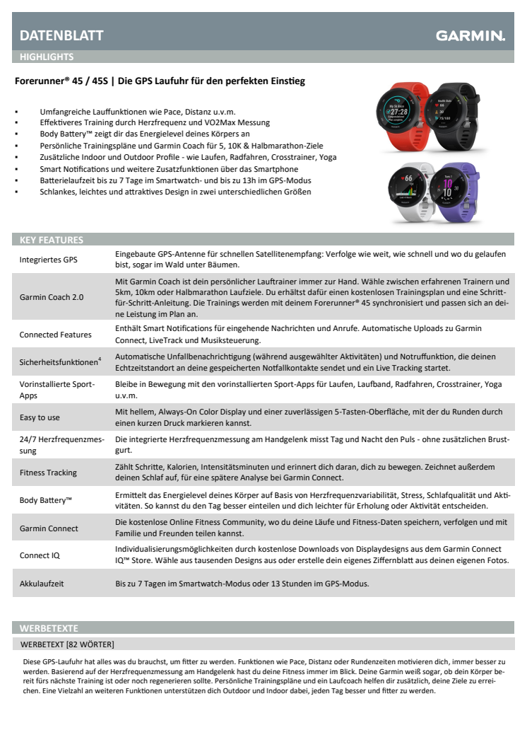 Datenblatt Forerunner 45/45S
