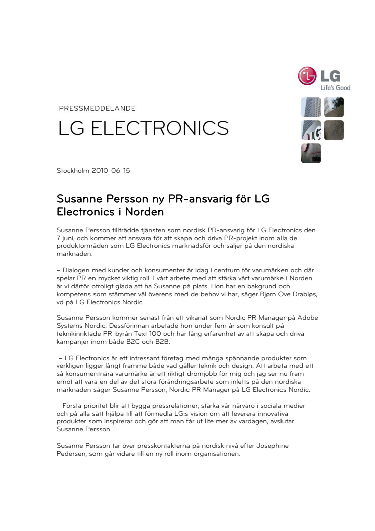 Susanne Persson ny PR-ansvarig för LG Electronics i Norden