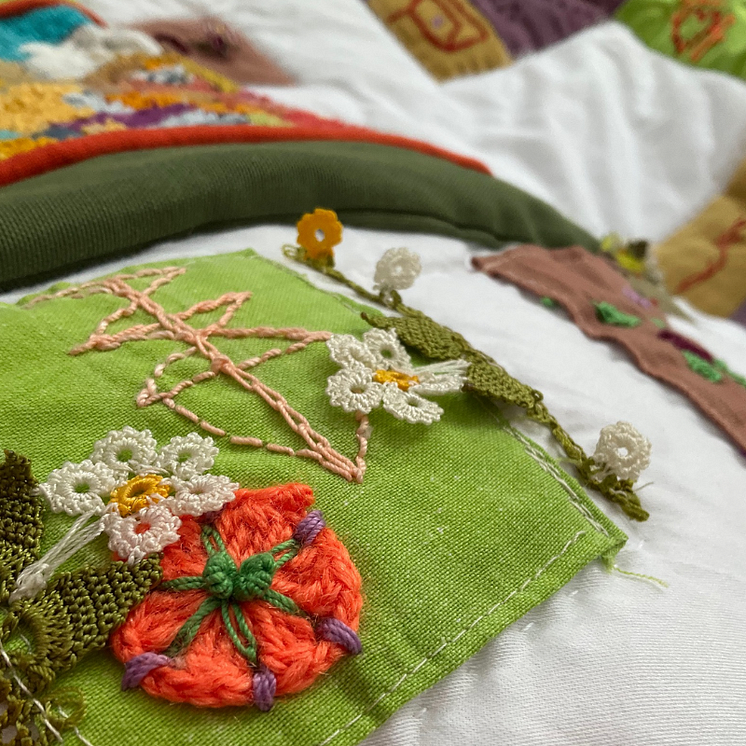 One of the patchwork squares created as part of the Embroidering Protection project
