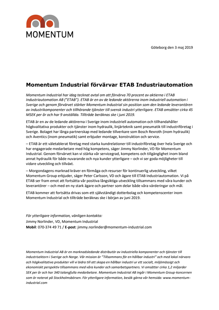 ​Momentum Industrial förvärvar ETAB Industriautomation