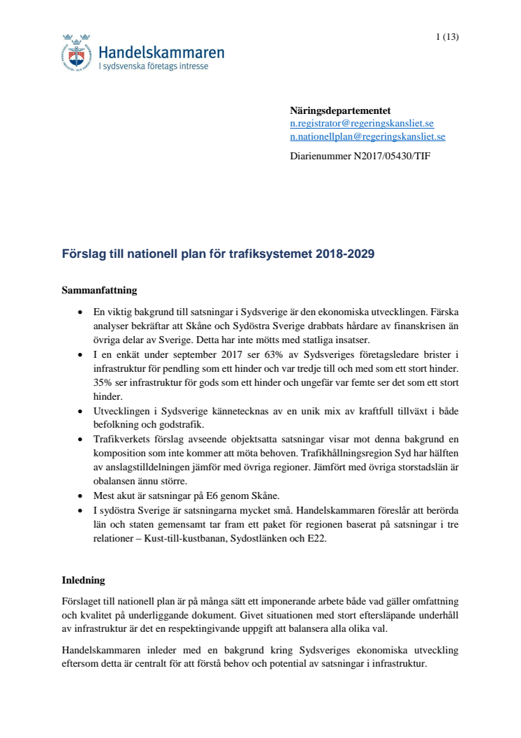 Förslag till nationell plan för trafiksystemet 2018-2029