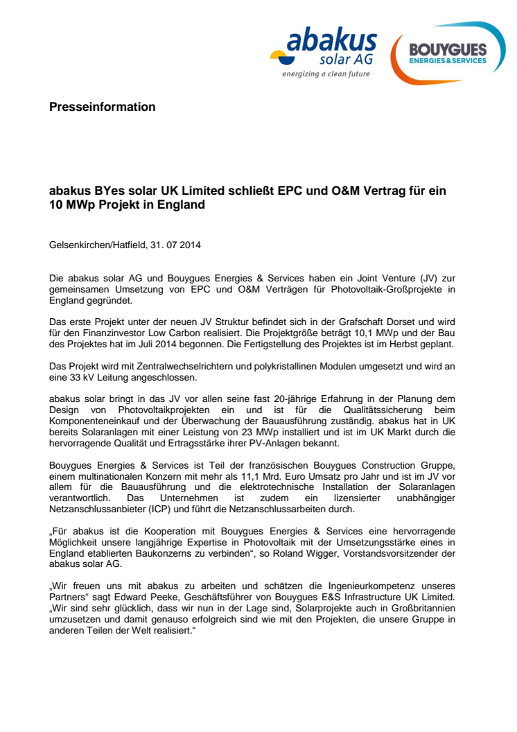 abakus BYes solar UK Limited schließt EPC und O&M Vertrag für ein 10 MWp Projekt in England  