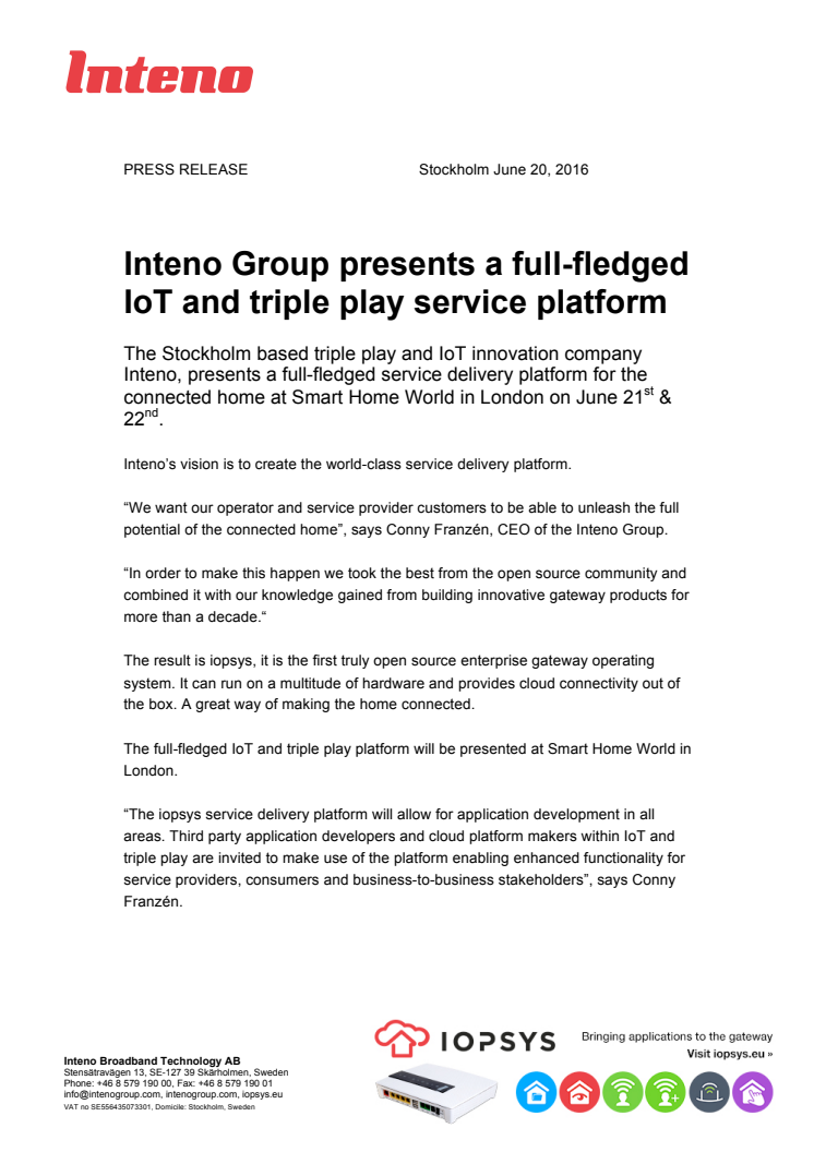 Inteno Group presents a full-fledged IoT and triple play service platform