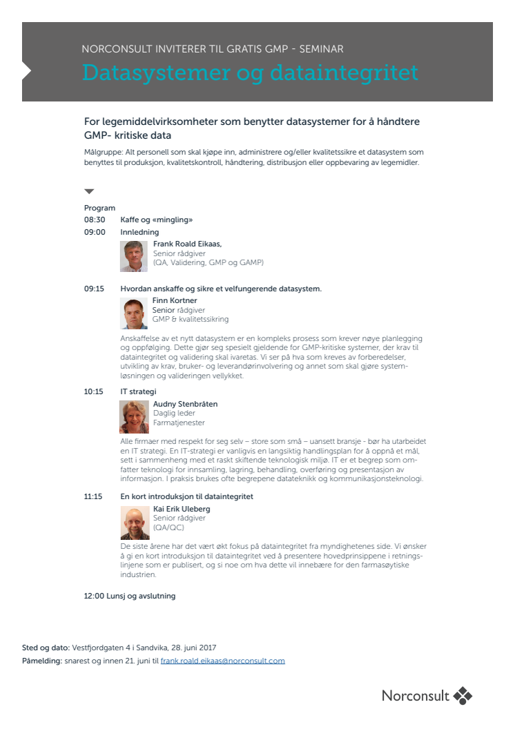 Invitasjon fra Norconsult: Gratis GMP-seminar om datasystemer og dataintegritet