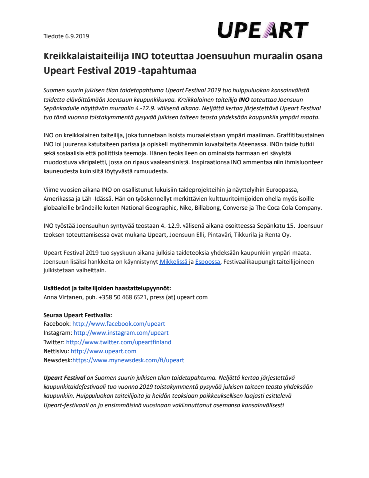 Kreikkalaistaiteilija INO toteuttaa Joensuuhun muraalin osana Upeart Festival 2019 -tapahtumaa
