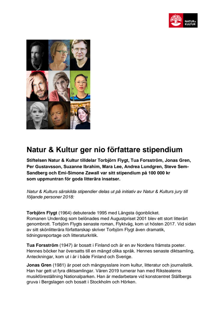 Natur & Kultur ger nio författare stipendium 