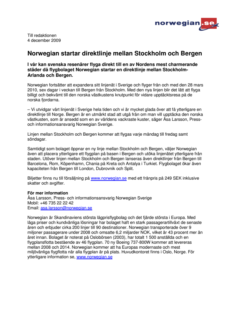 Norwegian startar direktlinje mellan Stockholm och Bergen