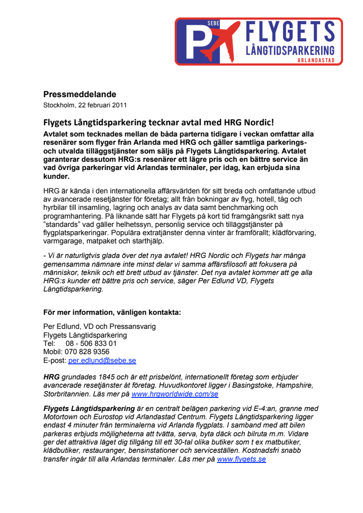 Flygets Långtidsparkering tecknar avtal med HRG Nordic!