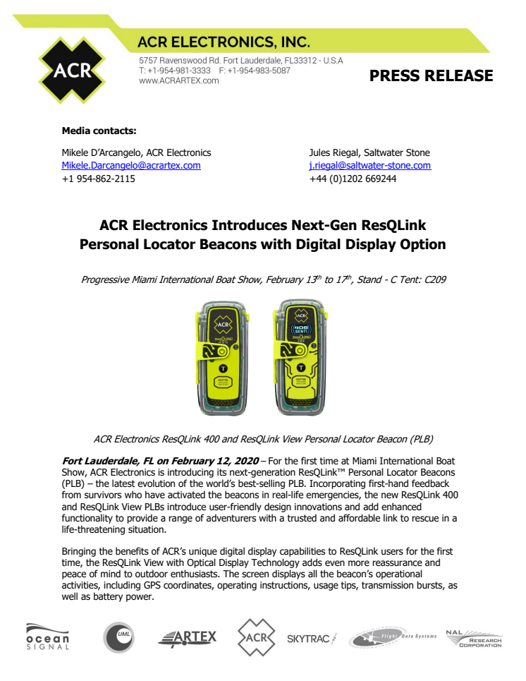 Miami International Boat Show: ACR Electronics Introduces Next-Gen ResQLink Personal Locator Beacons with Digital Display Option