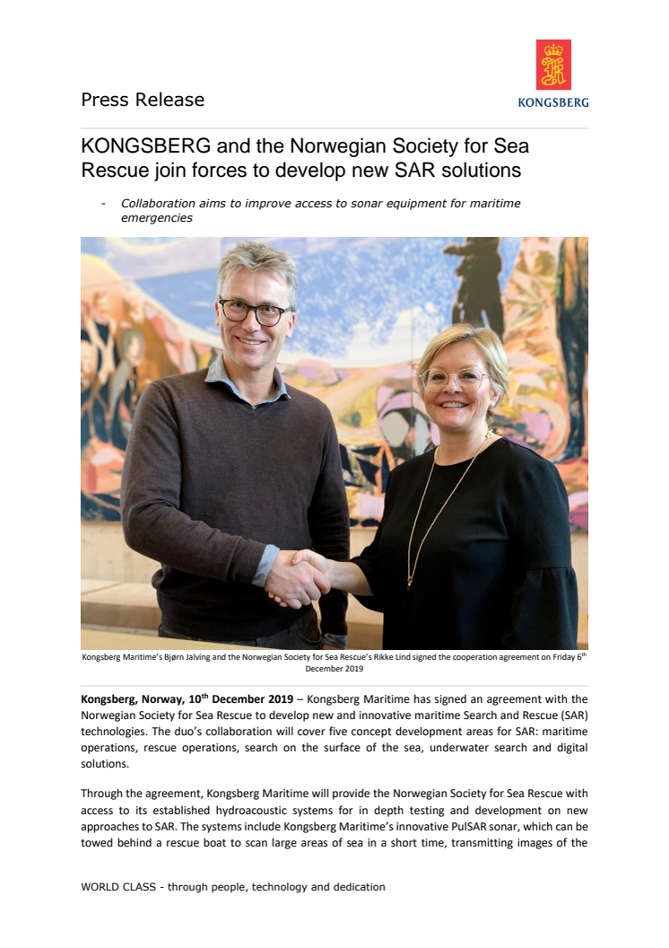 KONGSBERG and the Norwegian Society for Sea Rescue join forces to develop new SAR solutions