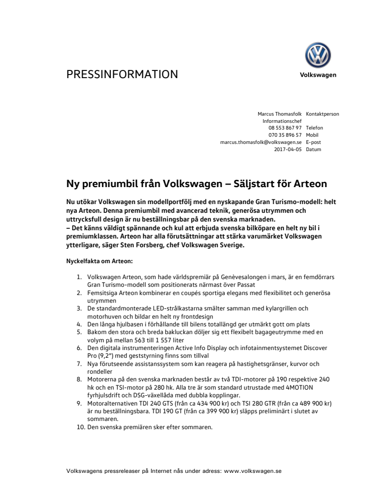 Ny premiumbil från Volkswagen − Säljstart för Arteon