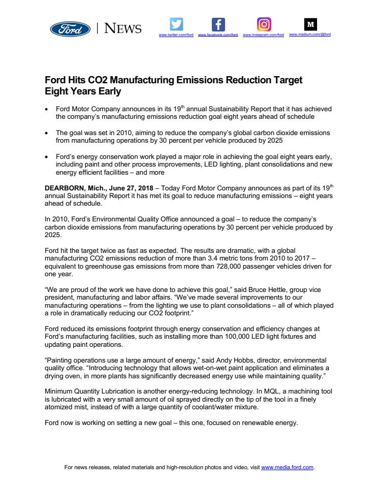 Ford sætter fart på miljømål og når CO2-målsætning otte år før tid  