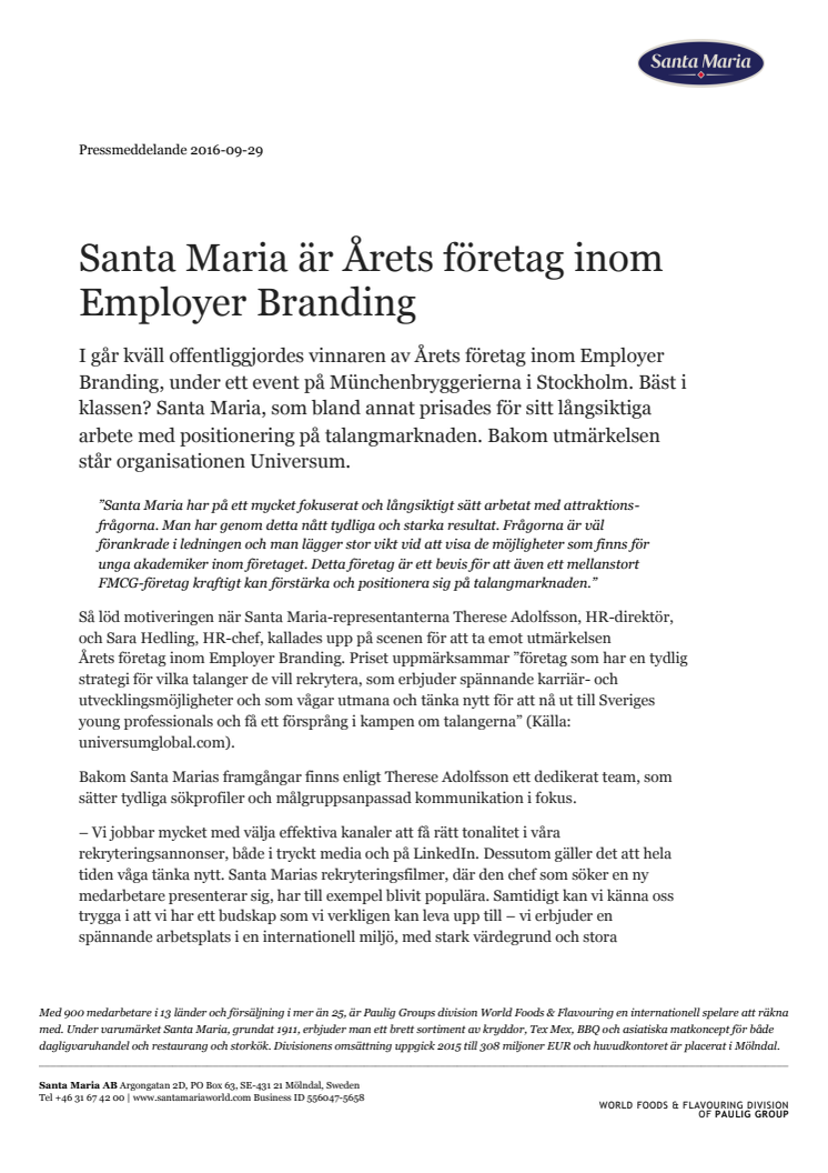 Santa Maria är Årets företag inom Employer Branding