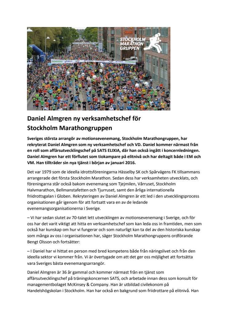 Daniel Almgren ny verksamhetschef för Stockholm Marathongruppen