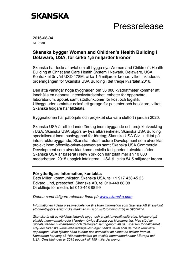 Skanska bygger Women and Children’s Health Building i Delaware, USA, för cirka 1,5 miljarder kronor