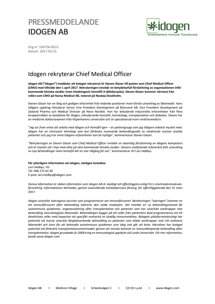 Idogen rekryterar Chief Medical Officer