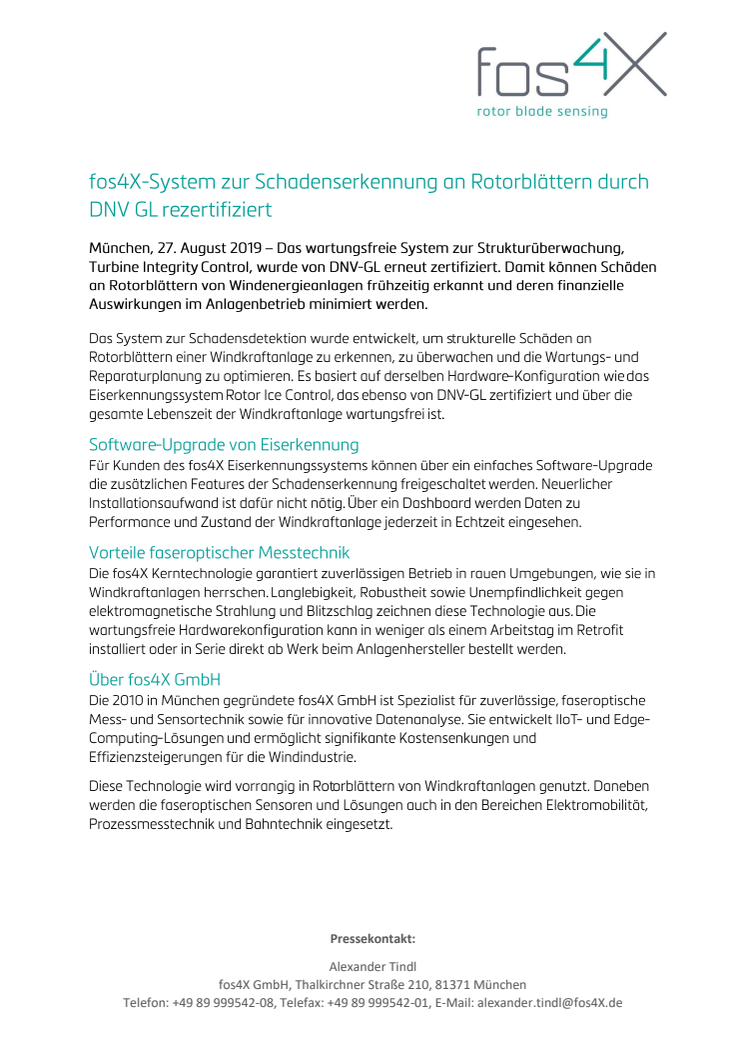 fos4X-System zur Schadenserkennung an Rotorblättern durch DNV-GL rezertifiziert