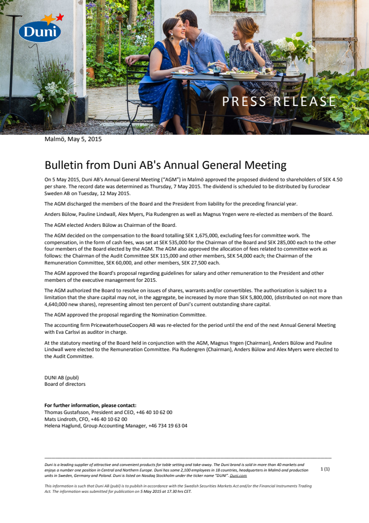 ​Bulletin from Duni AB's Annual General Meeting