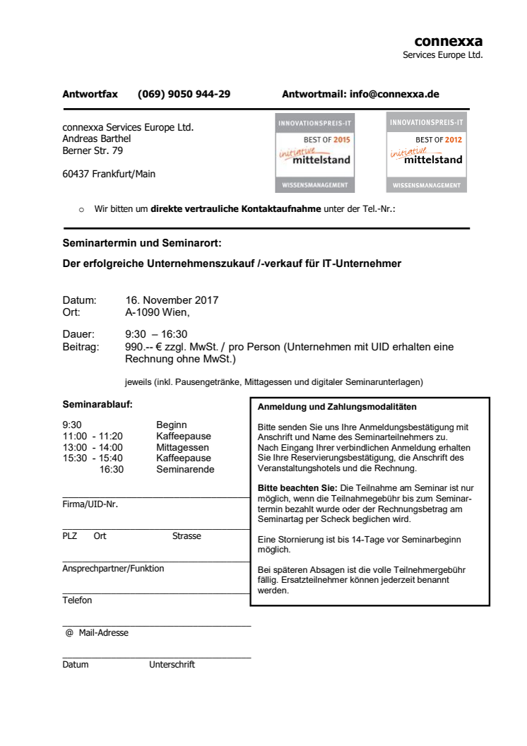 IT-Spezialseminar Unternehmens-zu und -verkauf, Unternehmensbewertung am 16.11.2017 in Wien