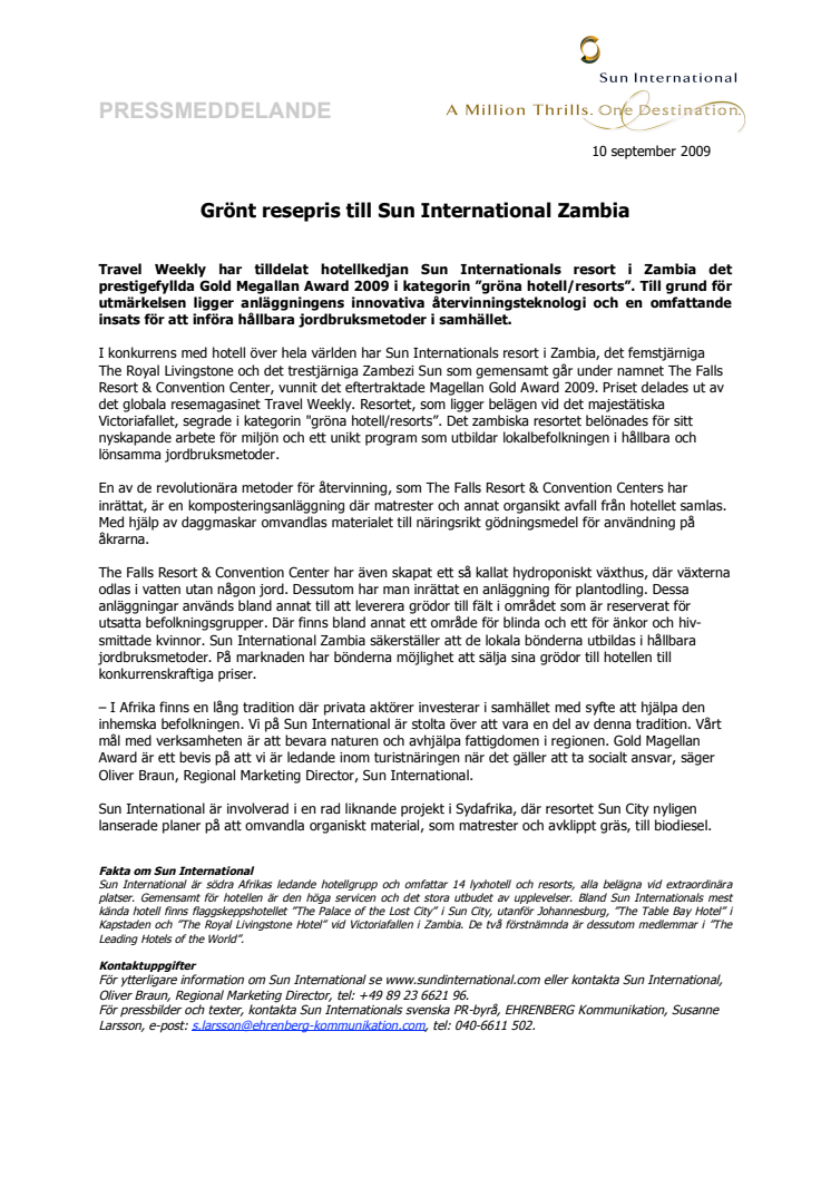 Grönt resepris till Sun International Zambia