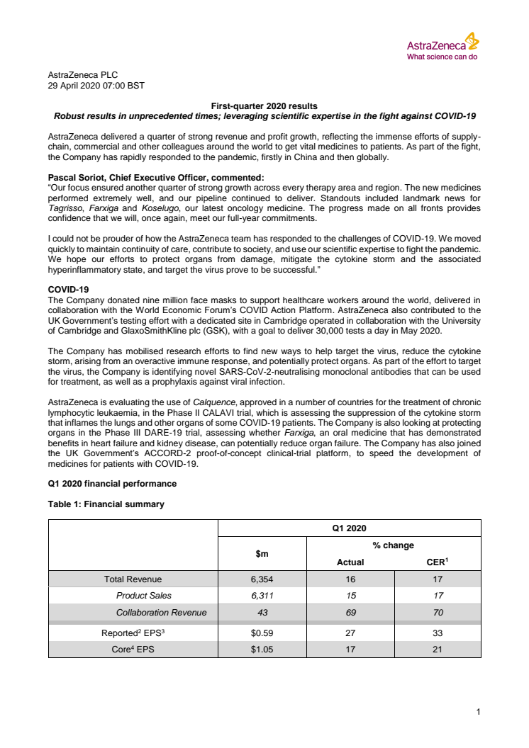 AstraZeneca PLC's resultatrapport Q1 2020 fullständig version på engelska