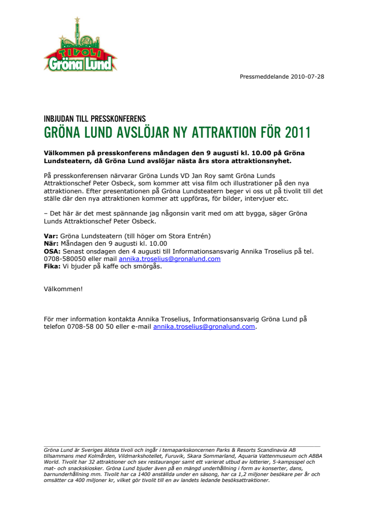 Gröna Lund avslöjar ny attraktion för 2011