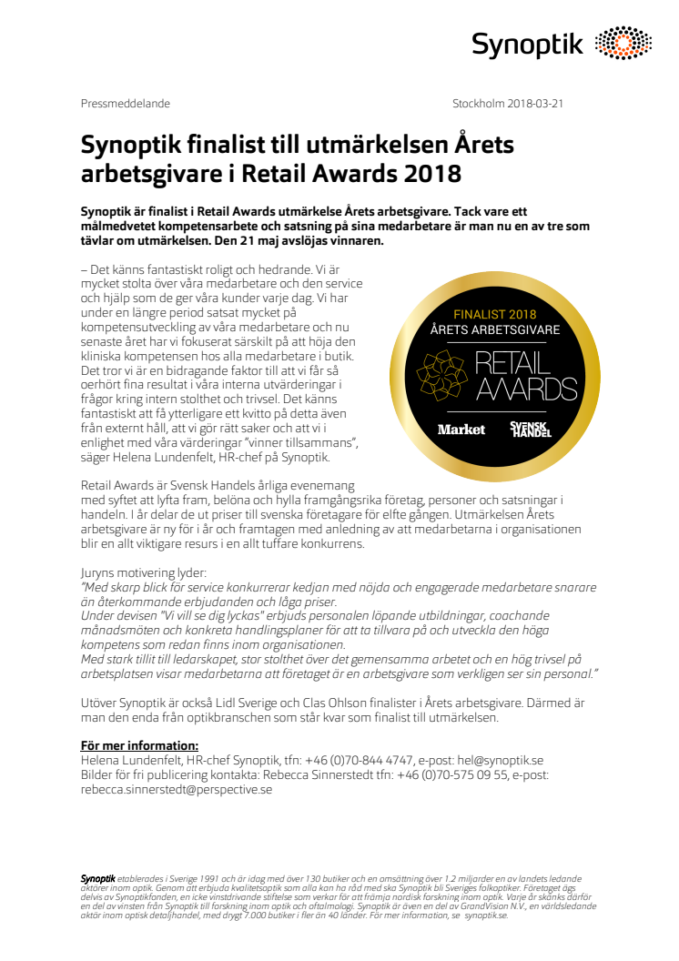 Synoptik finalist till utmärkelsen Årets arbetsgivare i Retail Awards 2018