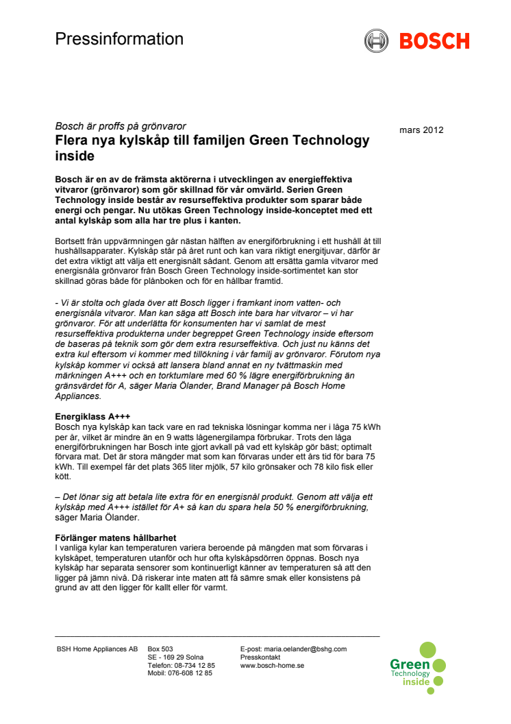 Flera nya kylskåp till familjen Green Technology inside