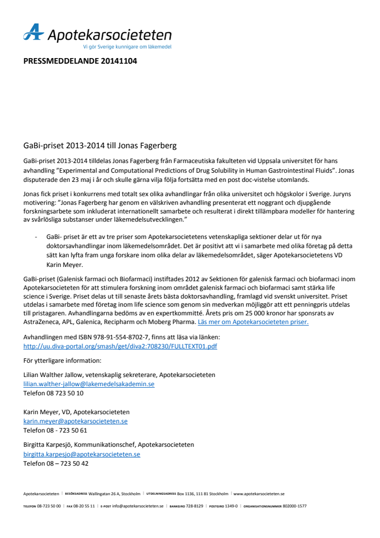 GaBi-priset 2013-2014 till Jonas Fagerberg