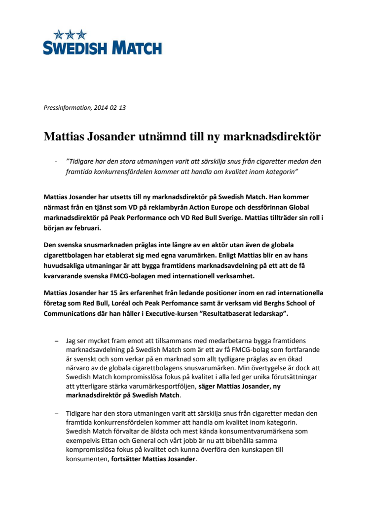 Mattias Josander utnämnd till ny marknadsdirektör