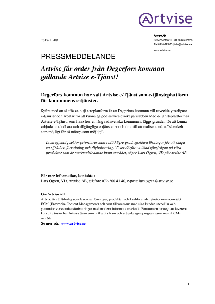 Artvise får order från Degerfors kommun gällande Artvise e-Tjänst!